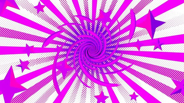 Rotating motion of purple star spiral swirling and expanding over halftone pop art background across three panel layout