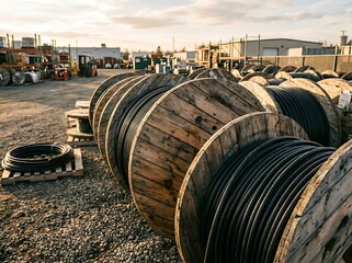 Obraz premium Large wooden spools of electrical cable on gravel outdoors in industrial yard