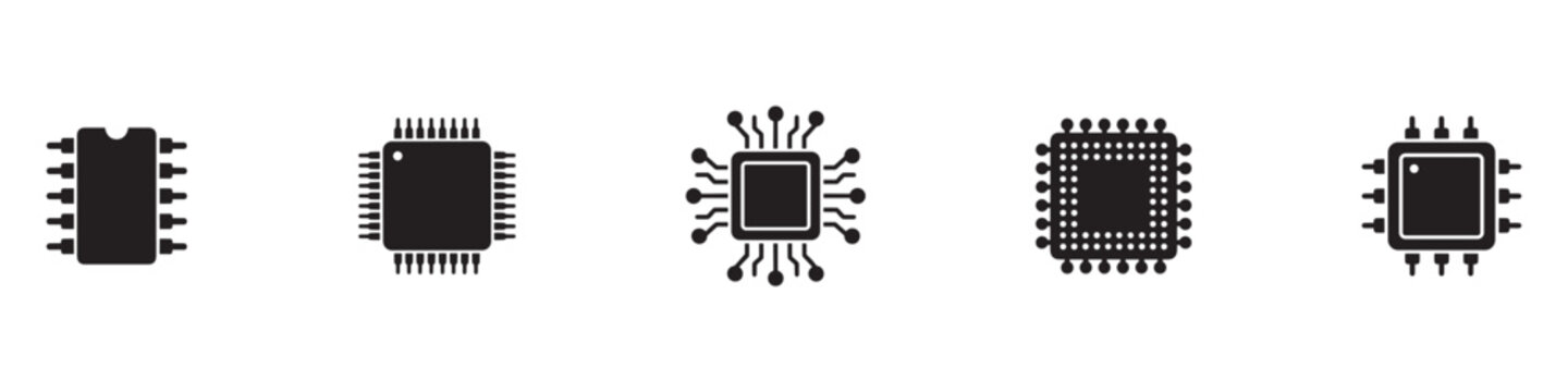 Microchip icon set. Set of computer processor and microchip icons. Digital technology hardware symbols. Electronic components. Vector illustration.