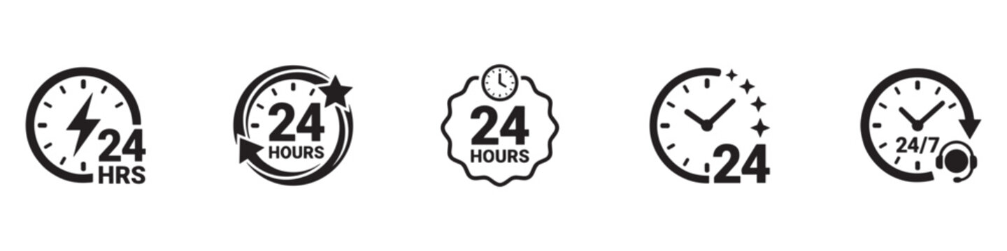 24 hours vector icon set. 24 7 service icon set. 24 hour assistance icons. 24 hours 7 days in week support icons. Vector Illustration. EPS 10