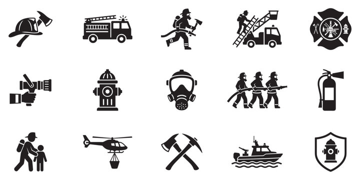 Firefighter and rescue equipment icons set. Fire brigade, emergency service tools. Vector illustration.