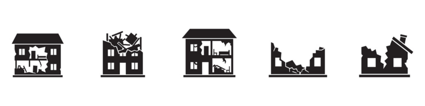 Damaged and destroyed house icons set. Ruined building symbols. Disaster and construction concepts. Vector illustration.