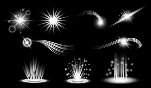 Professional set of glowing white light effects including radiant flares, luminous streams, magical particles, energy portals, sparkling bursts and futuristic illumination elements. High quality colle