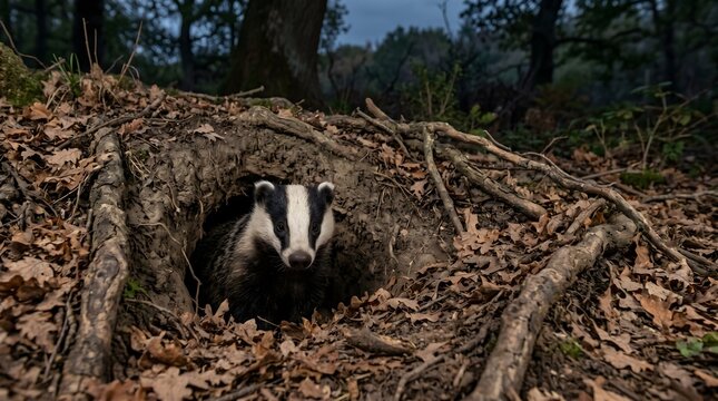 Horizontal shot of a European badger peering cautiously out of its underground dirt sett at twilight, surrounded by dry oak leaves and twisted tree roots, soft low - light.