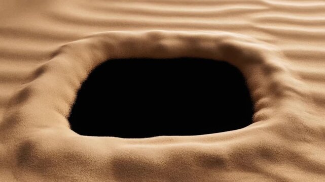 Slow motion dolly push closeup of sand rim collapsing into square pit on windswept desert dune surface during daytime