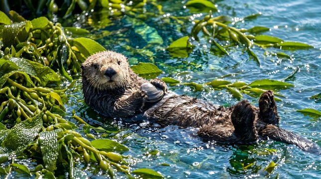 Horizontal shot of a playful sea otter floating on its back in a dense canopy of giant green kelp, holding a closed clam shell on its chest, sparkling ocean water.