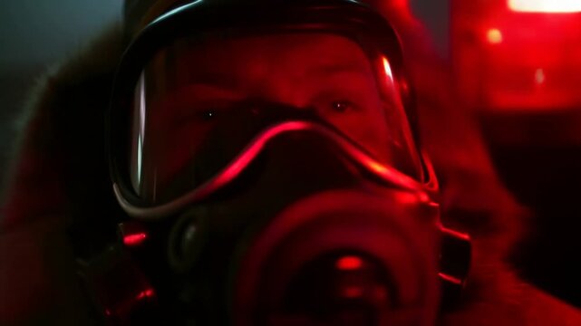Slow dolly close up of person wearing gas mask and fur parka breathing and staring inside dim red interior cabin with reflective visor