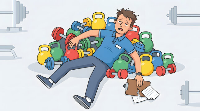 Work stress and exhaustion of a gym employee leaning on kettlebells