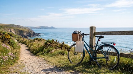 Fototapeta premium Bicycle Leaning Against Stone Wall on Scenic Coastal Path Summer Cycling
