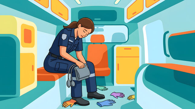 Work stress of an exhausted female paramedic in an ambulance