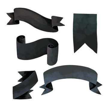 Set of Black Watercolor Ribbon Banners &mdash; Hand-Painted Scroll, Bookmark and Curved Label Collection for Vintage, Luxury and Decorative Design Projects