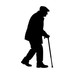 Naklejka premium Elderly Man Walking Cane Silhouette Vector Illustration With Senior Male Mobility Support Isolated On White Background