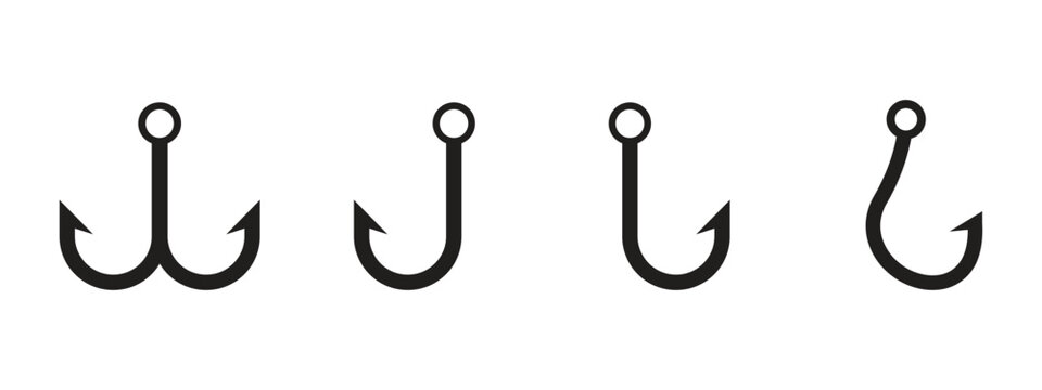 Fishing Hook Vector Icon Set, Angler Equipment and Black Fish Hook Silhouette Collection