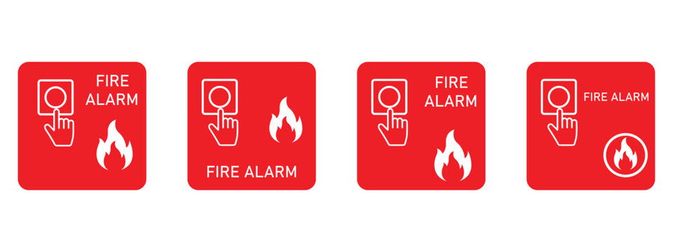 Fire Alarm Call Point Vector Icon Set, Emergency Fire Alarm Button and Red Emergency Sign Collection