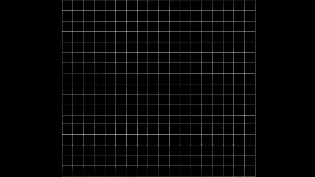Static shot of glowing horizontal light streak moving across grid panels on dark studio interior wall, sweeping and scanning across geometric grid pattern with flickering neon luminescence