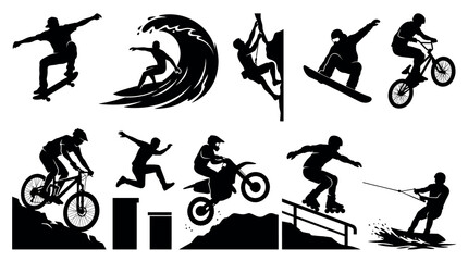 Naklejka premium Extreme Sport Silhouette Vector Collection With Skateboard Surfing Climbing Snowboard BMX Mountain Bike Motocross And Kitesurf Isolated On White Background