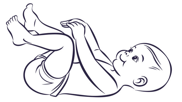 Vector illustration line art illustration of a cute baby lying on its back and playing with its feet