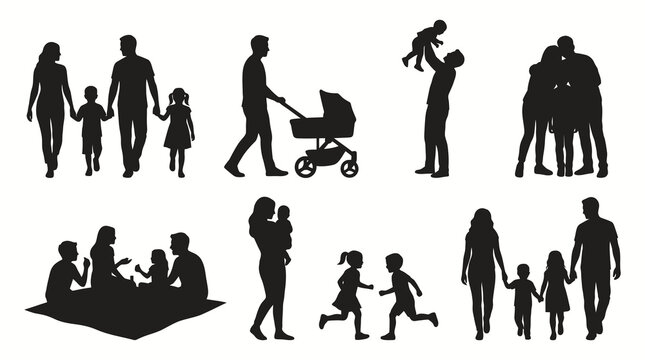Family Lifestyle Silhouette Vector Set With Parents Children Baby Stroller Picnic Playing And Bonding Isolated On White Background