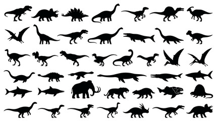 Fototapeta premium Dinosaur Silhouette Vector Collection With Prehistoric Reptile Species Jurassic Creatures Pterosaurs Marine Animals Isolated On White Background