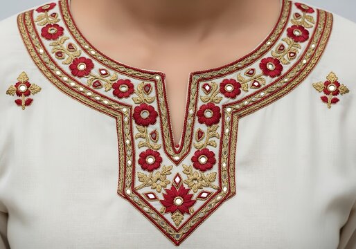 Woman wearing white kurta with intricate red and gold embroidery on neckline