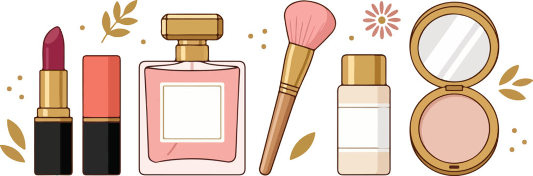 Colorful vector illustration of various essential luxury cosmetic beauty products