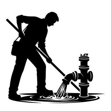 Plumber working with a fire hydrant and a pole in water  