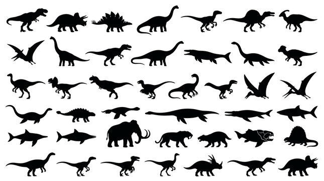 Dinosaur Silhouette Vector Collection With Prehistoric Reptile Species Jurassic Creatures Pterosaurs Marine Animals Isolated On White Background