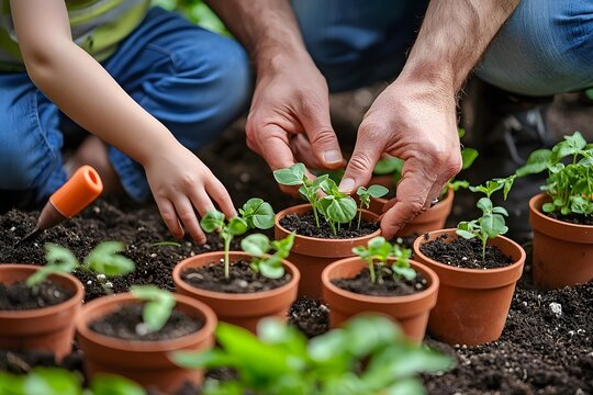 Father and Child Hands Planting Together in Garden