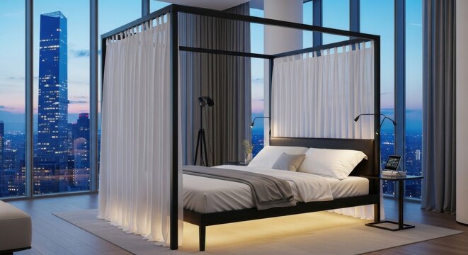 Modern canopy bed, luxury bedroom, city view, interior design