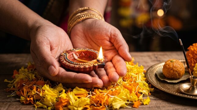 Hands Holding Burning Diya Diwali Puja Banner