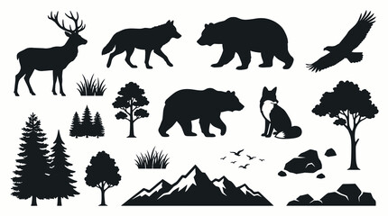 Obraz premium Vector illustration set of wild nature and forest wildlife silhouettes, minimalist black icons of generic outdoor landscapes, trees, rocks, and wild animals isolated on a white background.