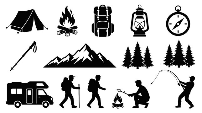 Vector illustration set of camping adventure silhouettes, minimalist black icons of generic outdoor recreation elements, hiking gear, wild nature landscapes, and active tourists isolated on a white ba