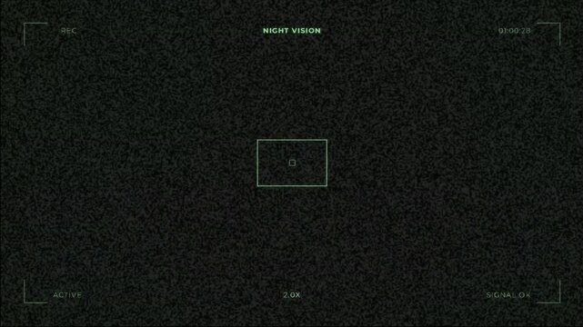 Night vision security camera recording screen with green signal noise, digital surveillance monitor HUD 4k video