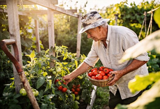 Senior man harvesting fresh organic tomatoes in a sunny vegetable garden during golden hour, carrying a wicker basket filled with ripe red produce for a healthy lifestyle.