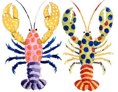 Watercolor illustration of two colorful lobsters with polka dot patterns isolated on white background