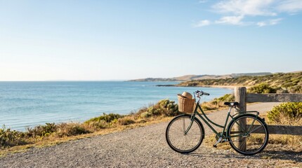 Fototapeta premium Bicycle Parked on Scenic Coastal Road with Ocean View Summer Travel