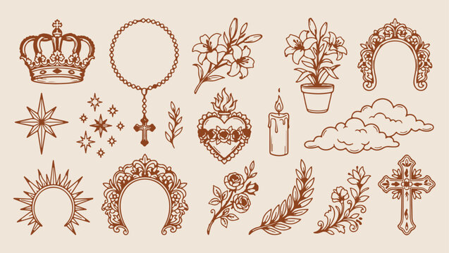 religious spiritual rosary pattern, sacred heart spiritual background, holy religious icon illustration, rosary cross design print, spiritual meditation icon set, holy rosary prayer art, spiritual rel