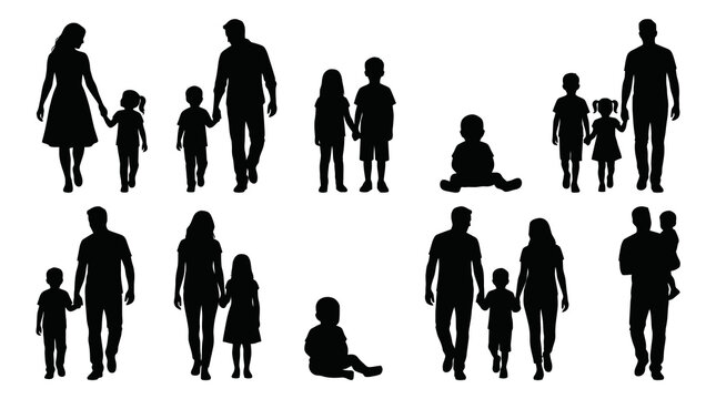 Vector illustration set of family silhouettes, minimalist black icons of generic parents, siblings, and children in various lifestyle poses, including walking together, holding hands, sitting, and car
