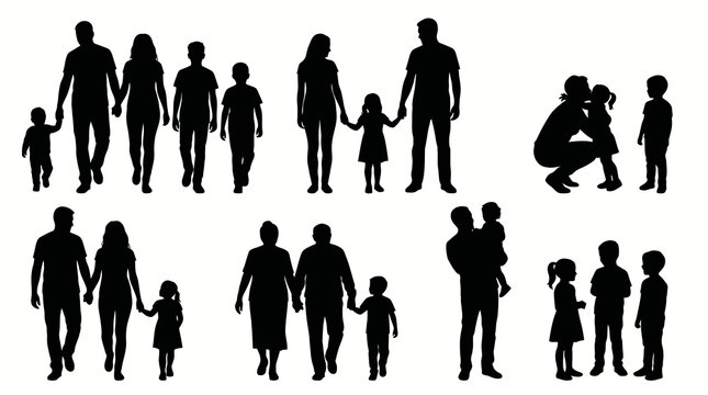 Vector illustration set of happy family silhouettes walking and standing together, minimalist black icons of parents with children, grandparents, mother kissing daughter, and siblings isolated on a wh