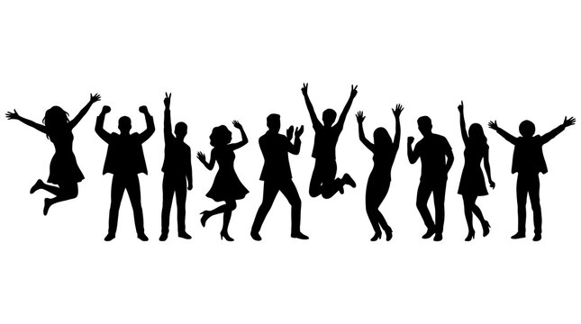Vector illustration set of happy celebrating people silhouettes standing in a line, minimalist black icons of generic young men and women jumping, dancing, and clapping isolated on white background.
