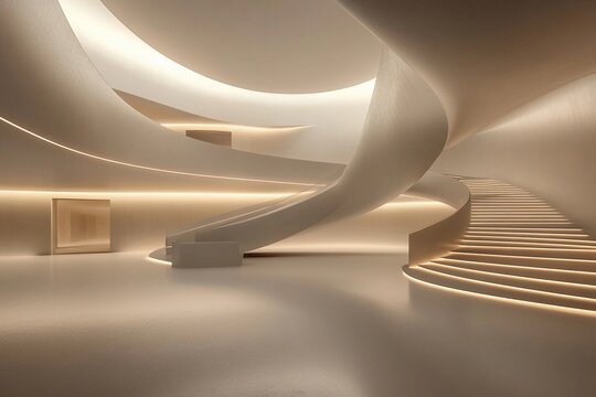 Futuristic museum showcasing symmetrical spiraling ramps illuminated by soft lighting for an immersive visitor experience