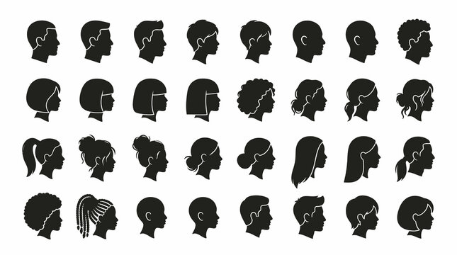 Vector illustration set of diverse people head side profile silhouettes, minimalist black icons of generic men and women with various male and female hairstyles isolated on a white background