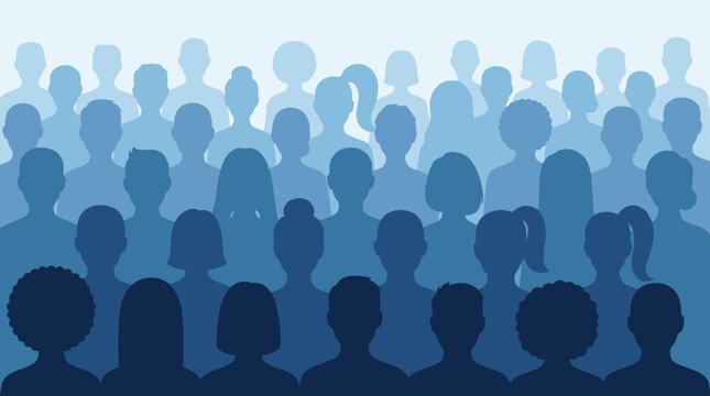 Vector illustration crowd of people silhouettes pattern in blue gradient, multiethnic diverse community group standing together, concept of population growth, society representation and social demogra