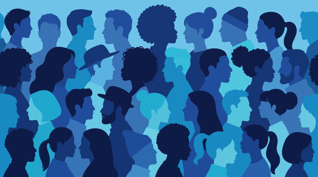 Seamless vector pattern of diverse people silhouettes in side profile view, multiethnic crowd of men and women flat illustration in blue tones for community background