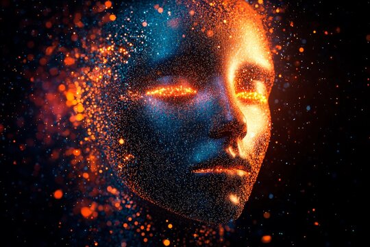 Glowing pixelized face with vibrant colors and digital effects depicting an abstract human figure in a creative concept