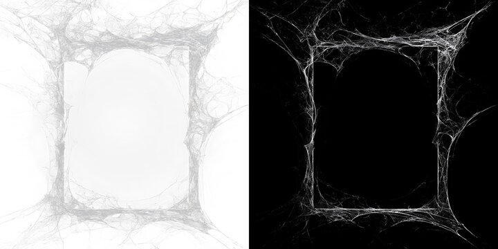Dark spider web collection with realistic tangled threads, gothic horror style illustration, isolated clip art elements and Halloween decoration frame design bundle