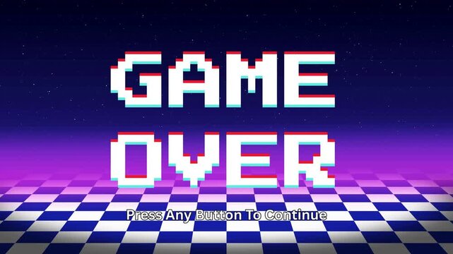 Immersive pixelated message of finality on a vibrant retro background, evoking classic arcade gaming nostalgia with a futuristic checkerboard floor