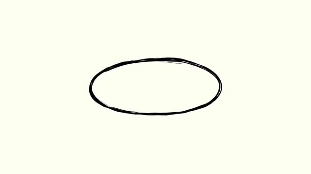 Static shot of ink circle being drawn on white paper by pen and brush in studio hand sketch forming oval loop in monochrome background