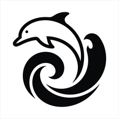 Naklejka premium Abstract Tribal Dolphin Leaping from Swirling Ocean Wave, Minimalist Circular Wave and Jumping Dolphin Graphic, World Oceans Day