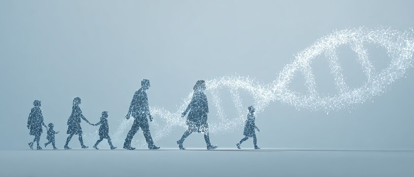 Silhouettes of a family walking in a line with abstract DNA strand in background, symbolizing genetics, evolution, and generational continuity.